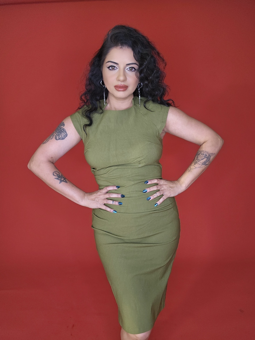 Olive Green Cap-Sleeve Midi Sheath Dress